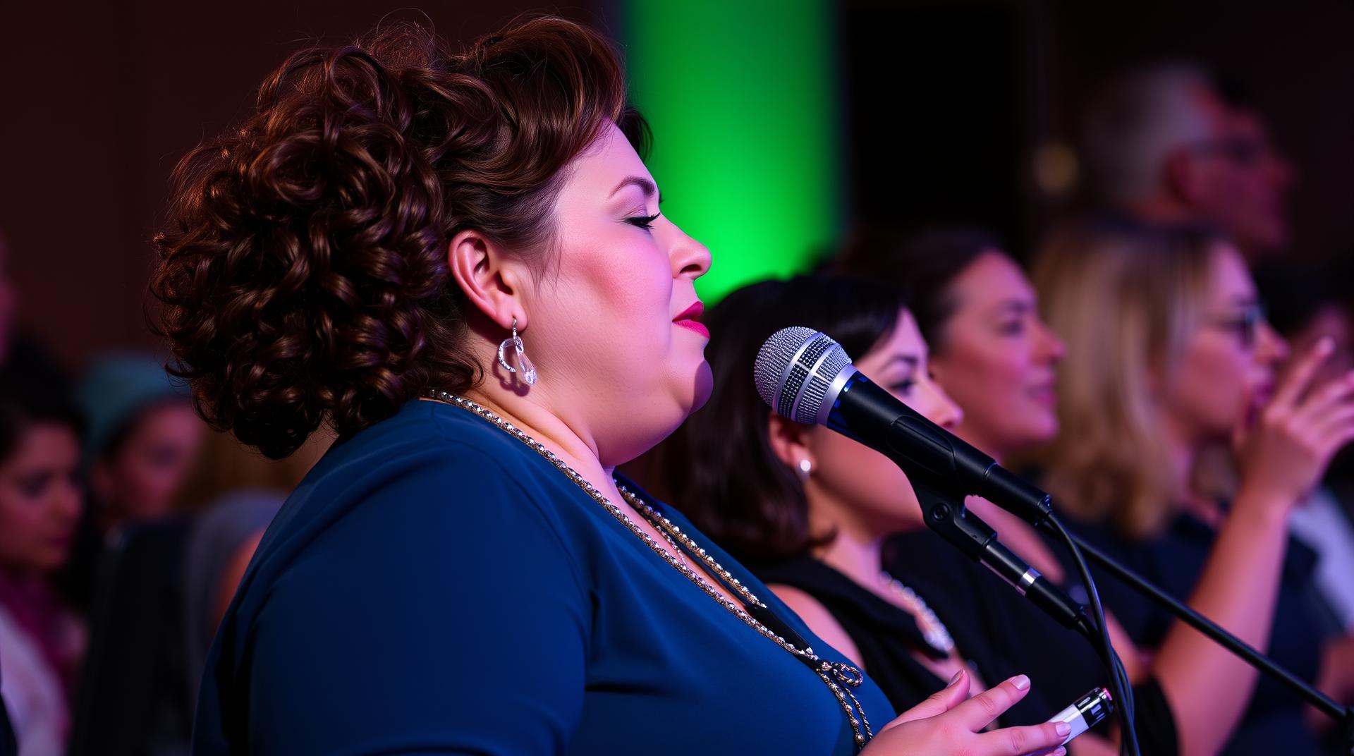 coro de personas adultas que estan cantando en concierto de perfil