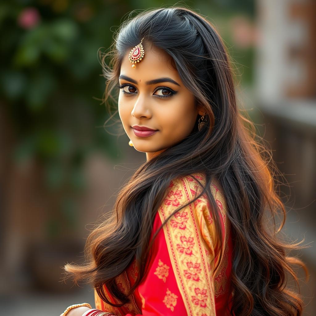 A beautiful Indian girl facing towards the camera in a traditional outfit flaunting her hairs
