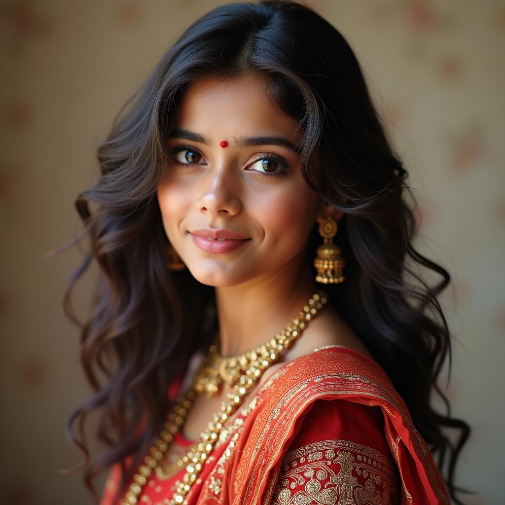 A beautiful Indian girl facing towards the camera in a traditional outfit flaunting her hairs