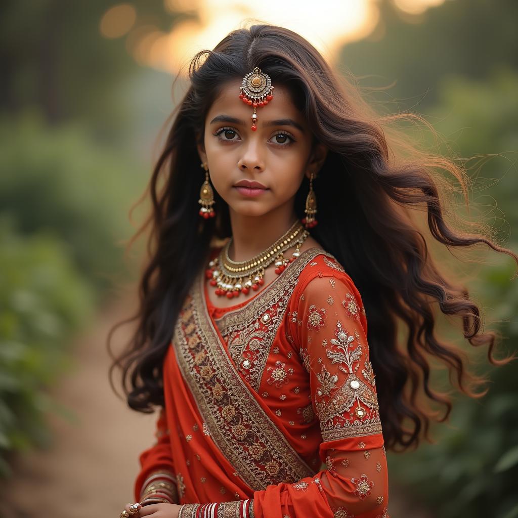 A beautiful Indian girl facing towards the camera in a traditional outfit flaunting her hairs