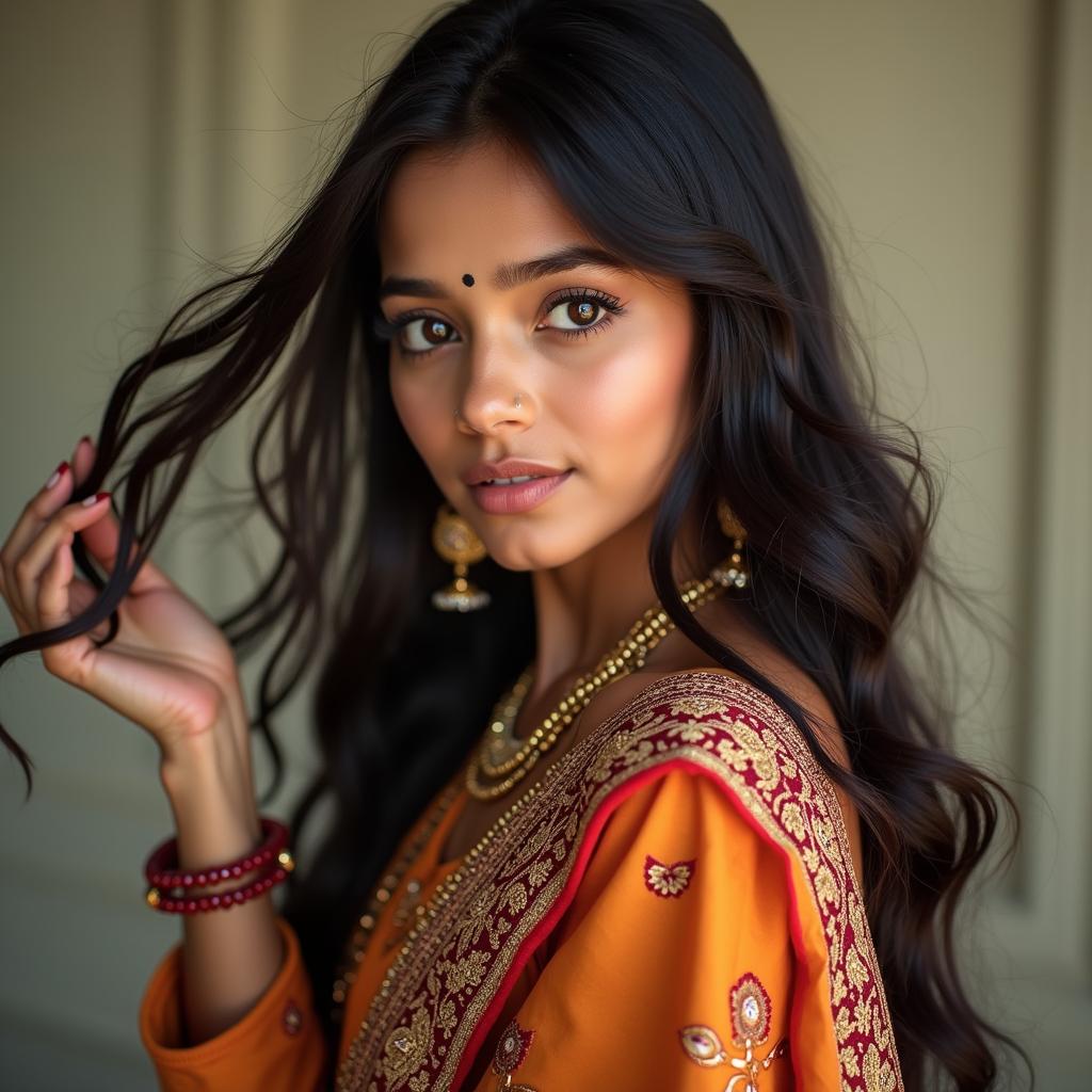 A beautiful Indian girl facing towards the camera in a traditional outfit flaunting her hairs. Ultra details on skin and face , sharp and clear image 
