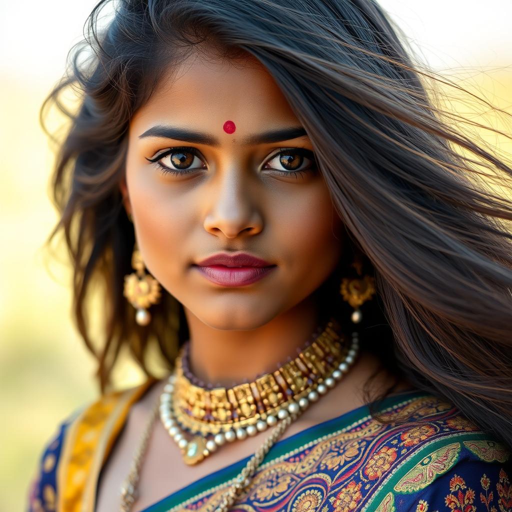 A beautiful Indian girl facing towards the camera in a traditional outfit flaunting her hairs , highly detailed on her skin and face , clear and sharp image 