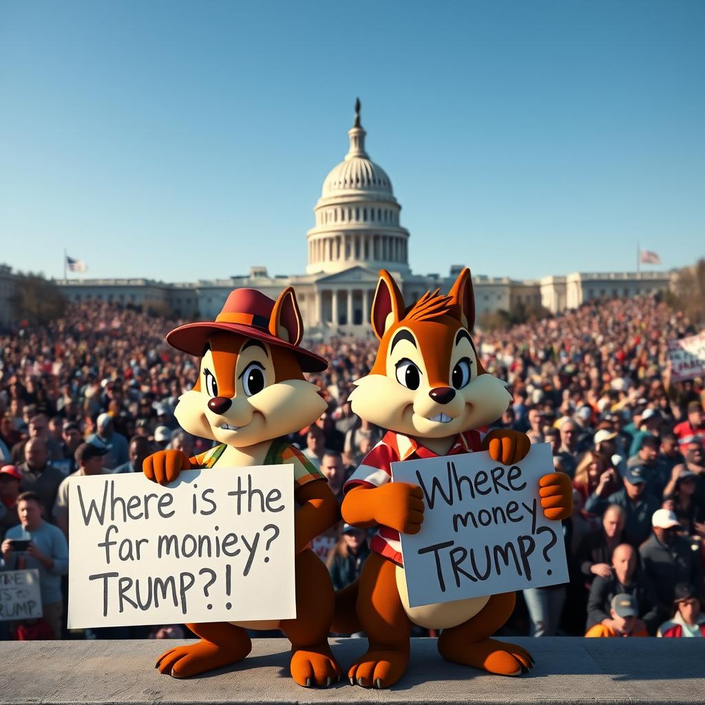 Chip and Dale from "Chip 'n Dale Rescue Rangers", iconic cartoon style, serious and indignant expressions, dressed in their classic outfits (Chip in his hat, Dale in his Hawaiian shirt), standing prominently in the foreground. They are holding large, homemade protest signs. The signs should clearly display the text: "Where is the money, Trump?".

The background is a photorealistic, highly detailed, and vast political protest rally. A massive crowd of diverse people fills the scene behind them. The entire majestic US Capitol Building in Washington D.C. is clearly visible in the midground, under a clear daylight sky. The lighting is realistic and slightly dramatic, emphasizing the serious mood.

Composition: wide shot, cinematic, professional photography, high resolution, striking contrast between cartoon characters and realistic environment, detailed crowd, political demonstration.
--ar 1:1