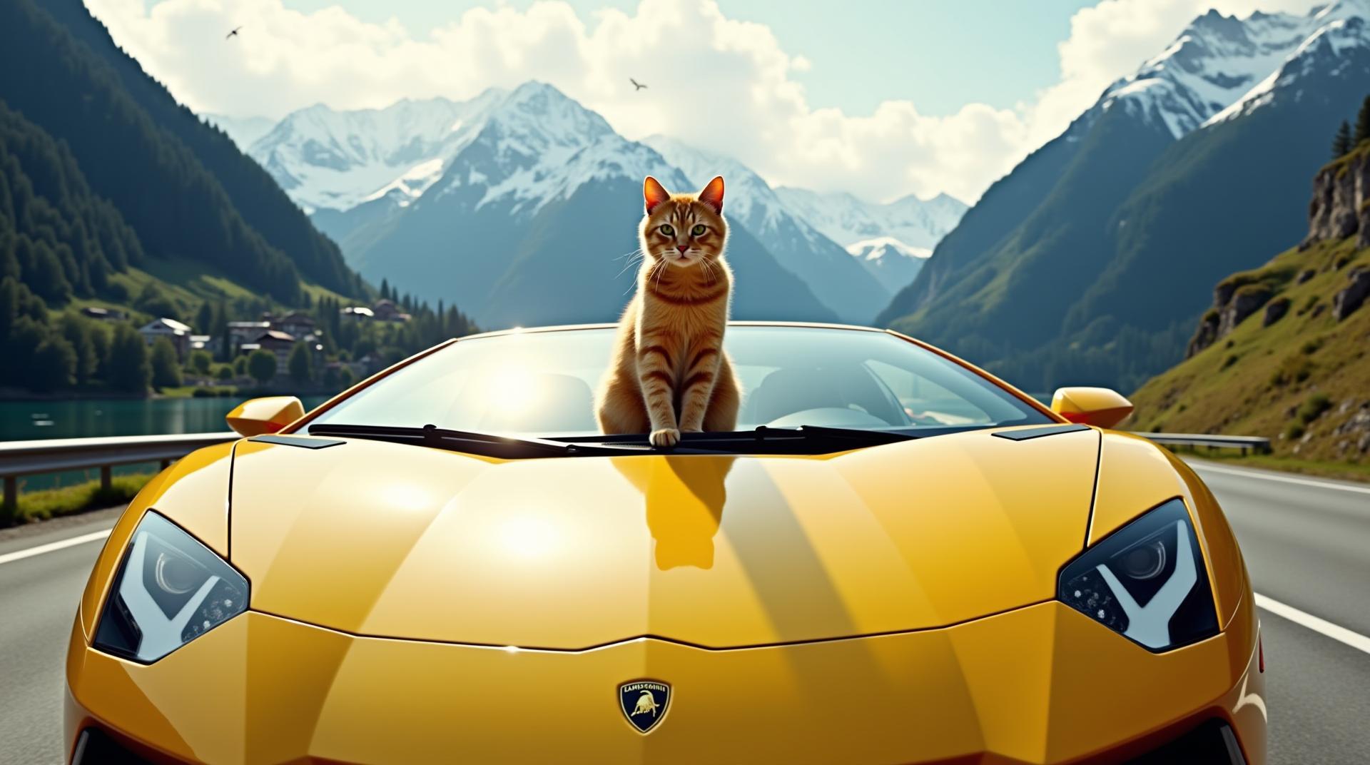 A cat is sitting on the hood of a bright yellow Lamborghini speeding along a winding mountain road in the Swiss Alps. The cat looks calm and confident, its fur blowing in the wind. In the background, a stunning alpine landscape unfolds: majestic snow-capped mountains, deep valleys, blue rivers, and a small Swiss village in the distance. The sky is slightly cloudy, with sunlight breaking through and birds flying overhead. The sun reflects off the smooth surface of the Lamborghini, creating bright highlights. The camera is positioned a short distance from the car, roughly at headlight level, angled slightly upward to capture both the vehicle and the surrounding landscape.