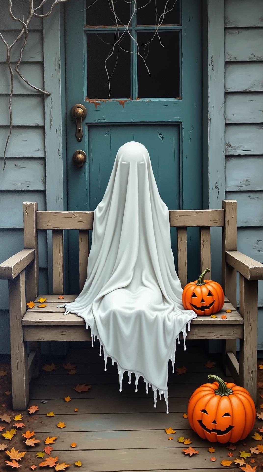 A slightly high-angle, medium shot captures a whimsical Halloween scene painted in a textured, impasto style. A ghostly figure, draped in a white sheet, sits serenely on a weathered wooden porch bench against a backdrop of an old, gray house with a decaying door and cobwebs. The color palette is muted, dominated by grays, whites, and browns, with the warm orange of a carved jack-o'-lantern adding a vibrant contrast near the bottom right. The lighting is soft and diffused, enhancing the aged texture of the wood and the ethereal quality of the ghost. The composition uses the bench and ghost as central points, creating a balanced, symmetrical arrangement. The overall mood is peaceful and slightly melancholic, evoking a sense of quiet nostalgia and autumnal charm. The artistic style blends realism with a touch of fantasy, creating a visually engaging narrative that feels both timeless and distinctly Halloween. The depth of field is shallow, focusing attention on the ghost and pumpkin. The brushstrokes are visible, adding to the painting's tactile quality.