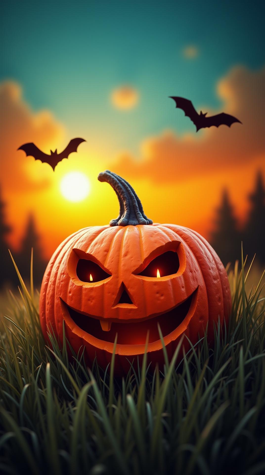 A close-up, slightly low-angle shot captures a vibrantly painted jack-o'-lantern nestled in tall, dark grass against a sunset backdrop. The color palette is rich and warm, with oranges and reds dominating the pumpkin and the sky transitioning from a deep teal blue at the top to fiery oranges and yellows at the bottom. The pumpkin's face is carved with a classic, slightly mischievous grin; its texture is thick and impasto, giving it a palpable three-dimensionality. Two silhouetted bats fly across a painted sky suggesting movement and a Halloween theme. The overall artistic style mimics a painterly effect, with visible brushstrokes adding depth and texture to the scene. The lighting appears to be a blend of soft ambient light from the sunset and subtle highlights on the pumpkin, creating a warm, inviting atmosphere. The depth of field is shallow, focusing primarily on the pumpkin, while the background and foreground elements are slightly blurred. The overall mood is festive yet slightly spooky, perfectly encapsulating the essence of Halloween.
