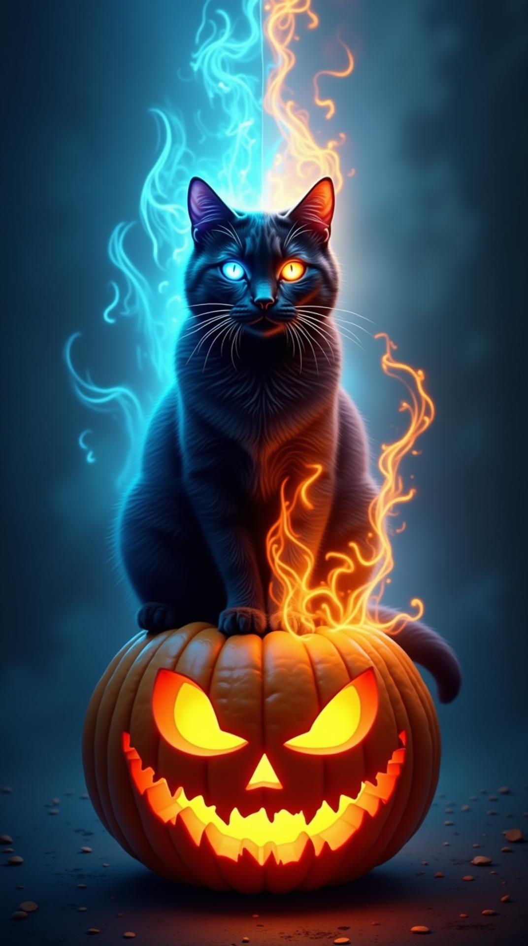 A majestic black cat, seemingly bisected by a vertical line of vibrant blue and orange flames, sits atop a similarly divided jack-o'-lantern. The cat's eyes glow with an ethereal light, one half icy blue and the other fiery orange, mirroring the contrasting flames that engulf it. The background is a dramatic swirl of these same colors, suggesting a powerful, elemental struggle. The composition is centered, with the cat positioned at the heart of the image, creating a balanced and visually striking focal point. The lighting is dramatic, highlighting the cat's fur and the details of the pumpkin's carved face. The color palette is intense, with the cool blues and warm oranges creating a striking contrast. The overall style is fantasy-realistic, blending photorealistic elements with surreal effects, emphasizing the mystical and slightly ominous mood. The texture of the cat's fur is realistically rendered, contrasting with the almost ethereal, fluid nature of the flames. The image evokes a sense of Halloween magic, with the duality of fire and ice symbolizing opposing forces, yet unified by the central figure of the cat.