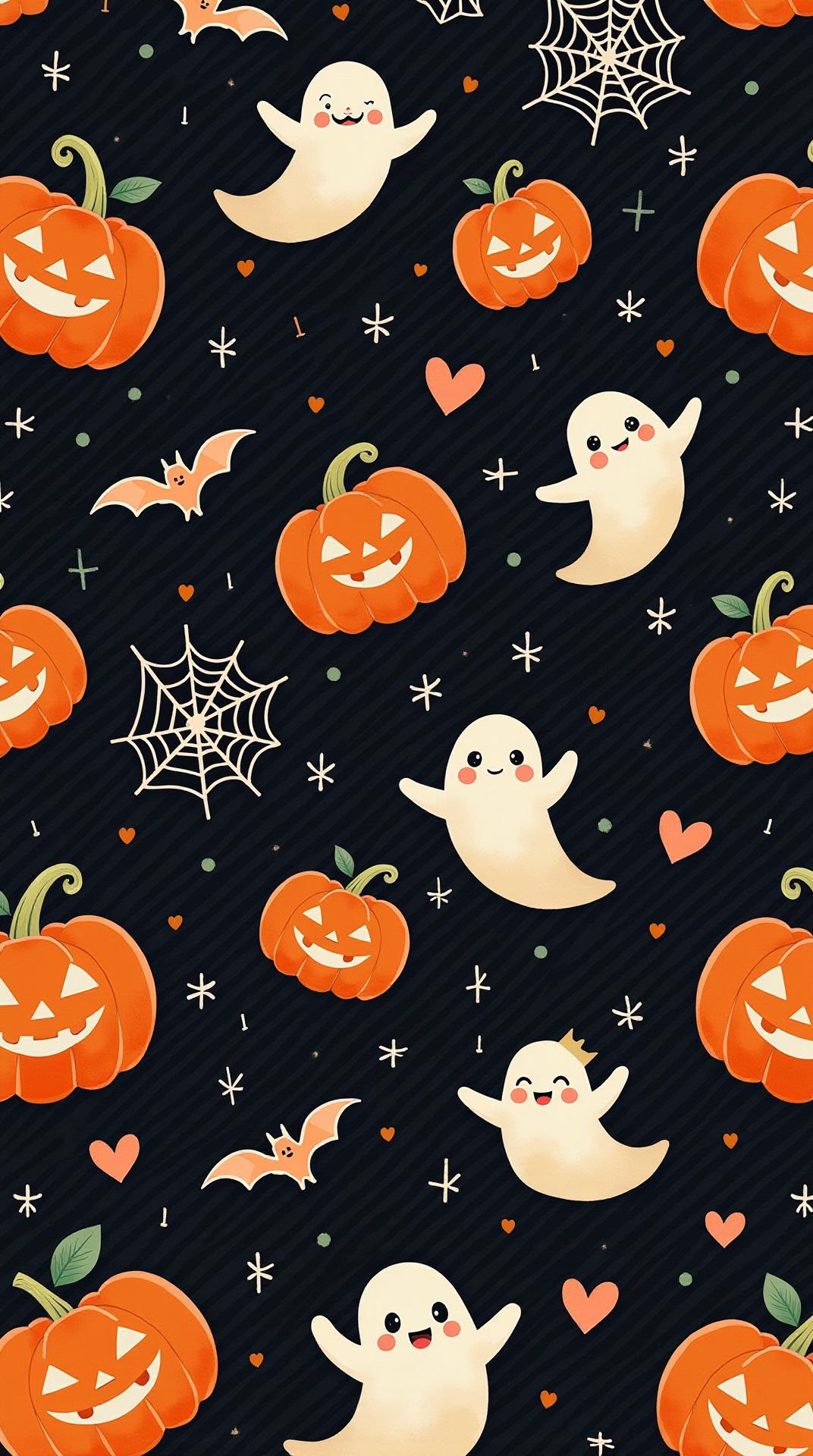 A whimsical Halloween-themed pattern unfolds against a dark, starry backdrop. Orange and off-white jack-o'-lanterns, varying in size, are playfully scattered across the space, their carved faces exhibiting cheerful expressions. Small, friendly ghosts float amidst the pumpkins, adding to the lighthearted atmosphere. Delicate spiderwebs, orange hearts, and a single bat contribute to the festive design, creating a sense of depth and visual interest. The color palette is predominantly warm, featuring contrasting shades of orange and white against the deep black background, enhancing the overall spooky yet charming aesthetic. The illustration style is reminiscent of children's book illustrations, with soft lines and a gentle watercolor-like texture, giving it a hand-drawn quality. The overall mood is joyful and enchanting, suitable for Halloween decorations or children's apparel, showcasing a blend of traditional Halloween imagery with a cute and modern touch. The pattern repeats seamlessly, suggesting an endless expanse of this festive, cozy Halloween scene.