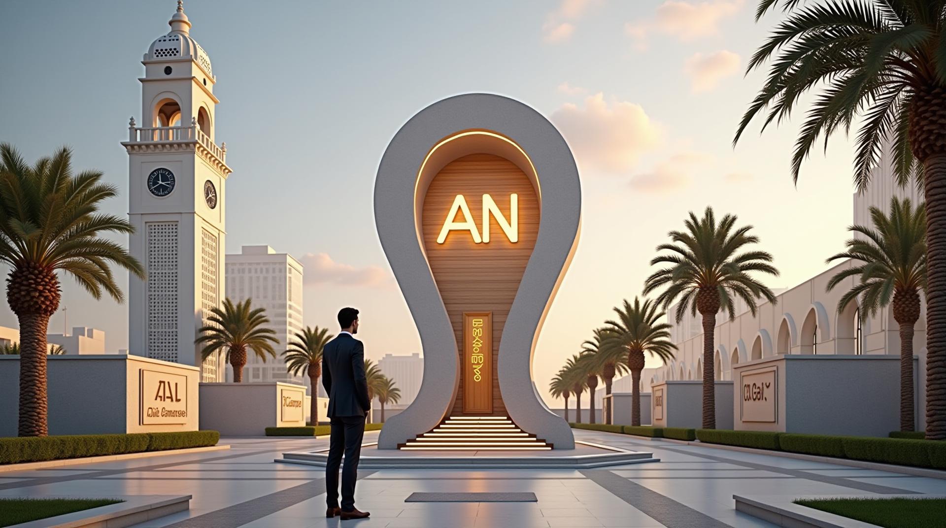 A symbolic and modern 3D-style plaza scene representing the expansion of "AN" company in Syria, with two prominent landmarks: on the left, the historical white clock tower of Idlib with Arabic-style arches and intricate textures; on the right, the modern "Damascus Sword" monument with dynamic, futuristic curves. In the center, a large, elegant location pin made of stone and brick, featuring a wooden balcony and the illuminated "AN" logo glowing from within, symbolizing vision and ambition.
In front of the pin, a well-dressed businessman (symbolizing the investor or entrepreneur) stands calmly, looking up at the logo with determination. Add a symbolic staircase or path leading to the pin's door, representing opportunity and growth. Surround the area with lush palm trees, elegant landscaping, warm sunlight from a sunset sky, and soft glowing lights on the monuments.
Add smart features such as interactive digital info-panels near each monument (mentioning “AN – Damascus branch” and “AN – Idlib branch”). Use a cinematic, dreamy atmosphere with detailed textures, cultural harmony, and a clear message of expansion and ambition rooted in Syrian heritage.
Style: hyper-realistic, cinematic lighting, soft shadows, clean symmetry, futuristic with heritage fusion.