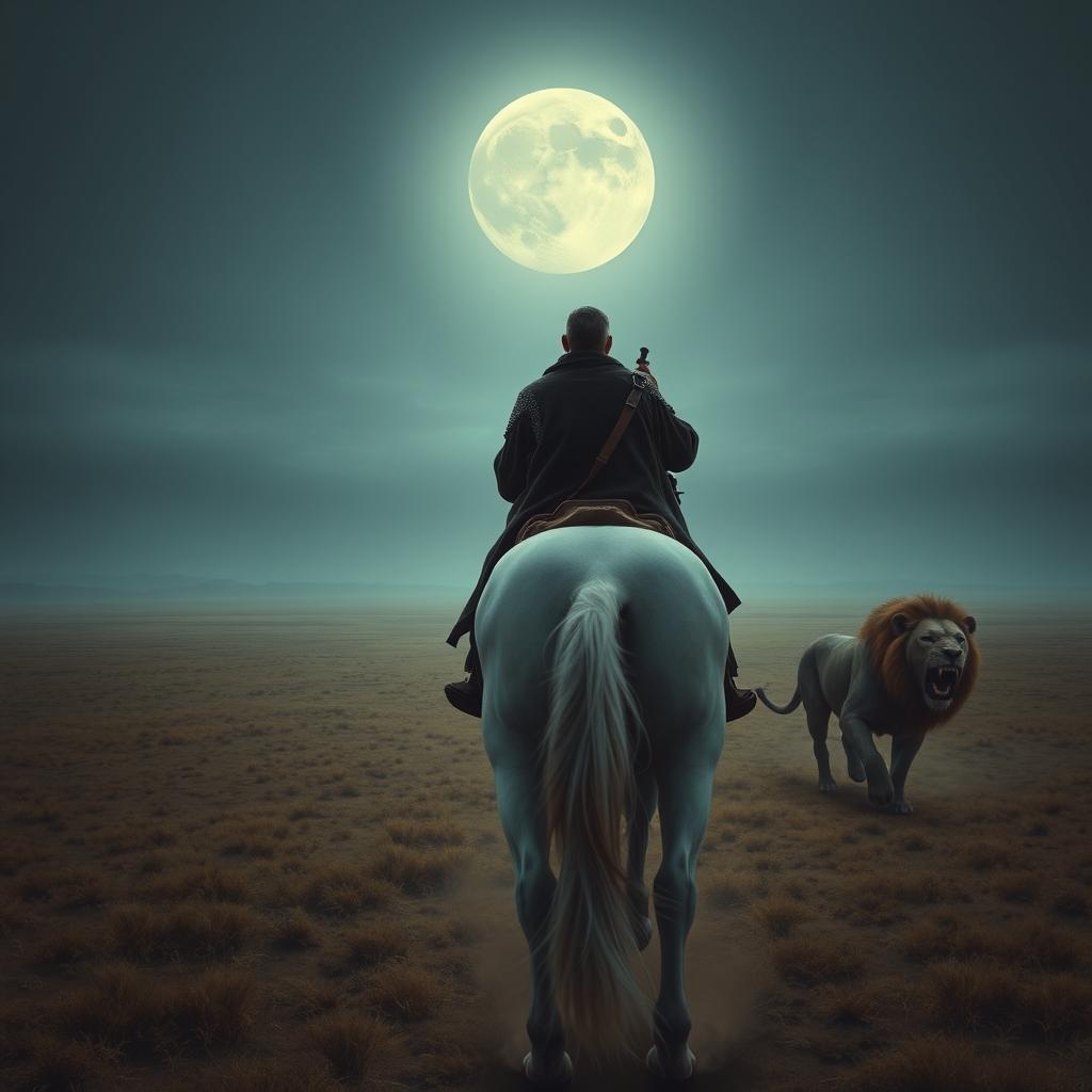 use the same character reference of Rustam from the given image, from behind view, riding a large white horse, vast moonlit persian plain, distant roaring lion running towards, epic mythological atmosphere, cinematic lighting
