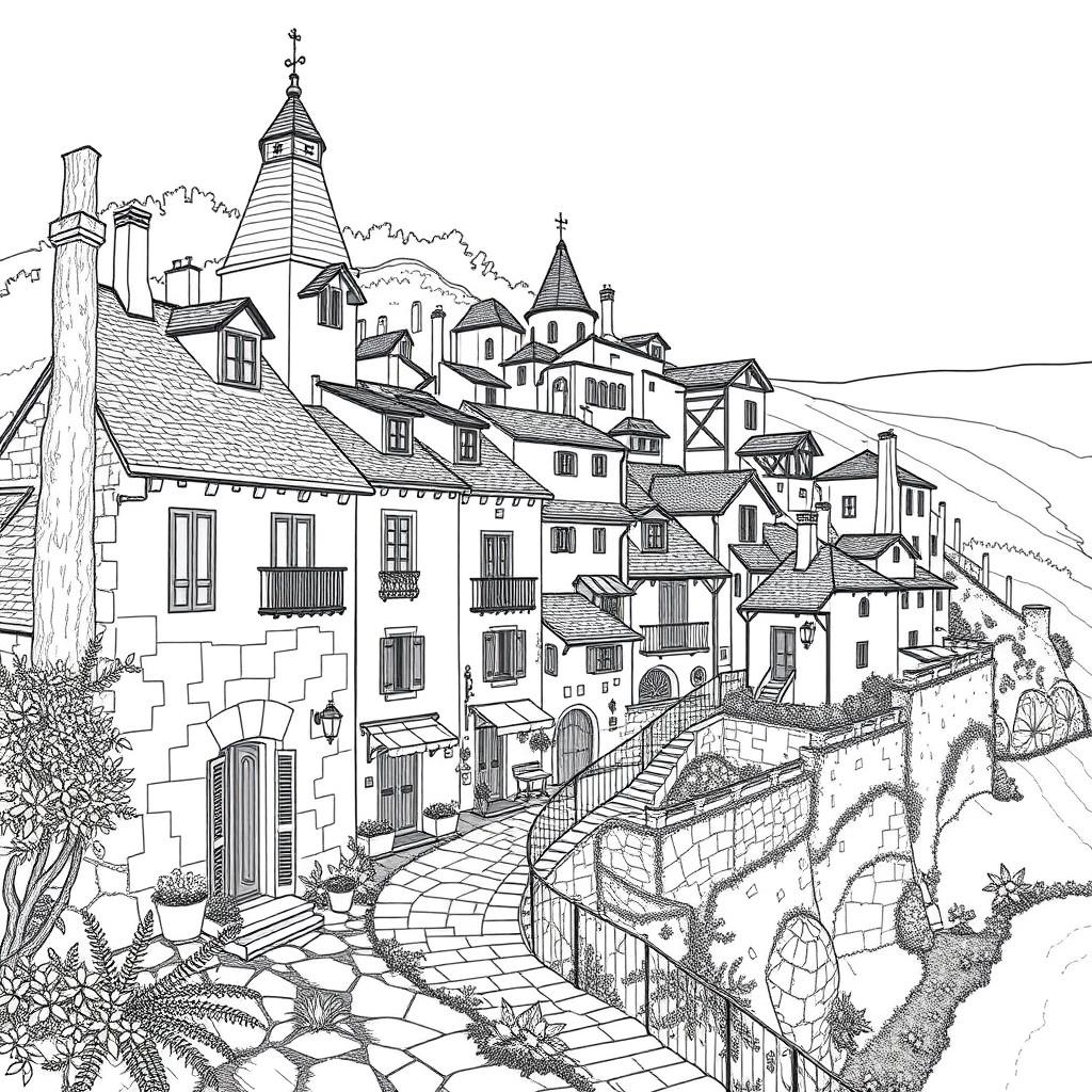 Colouring book page in black and white, a spectacular imaginary Provençal village, very detailed, white background, drawing with clean lines, no shadows within the drawing