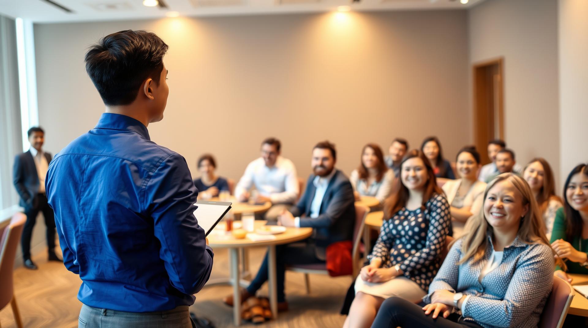 A young Asian male speaker seen from behind, wearing a fitted cobalt blue dress shirt and gray trousers, giving a talk to a friendly, casually dressed audience in a warmly lit conference room. The audience is seated at tables with snacks, drinks, and notepads. Some people are smiling and casually interacting. A few individuals are standing in the back of the room. The atmosphere is relaxed and welcoming. The image should be sharp and realistic, with soft lighting and a professional composition, captured from a medium distance.