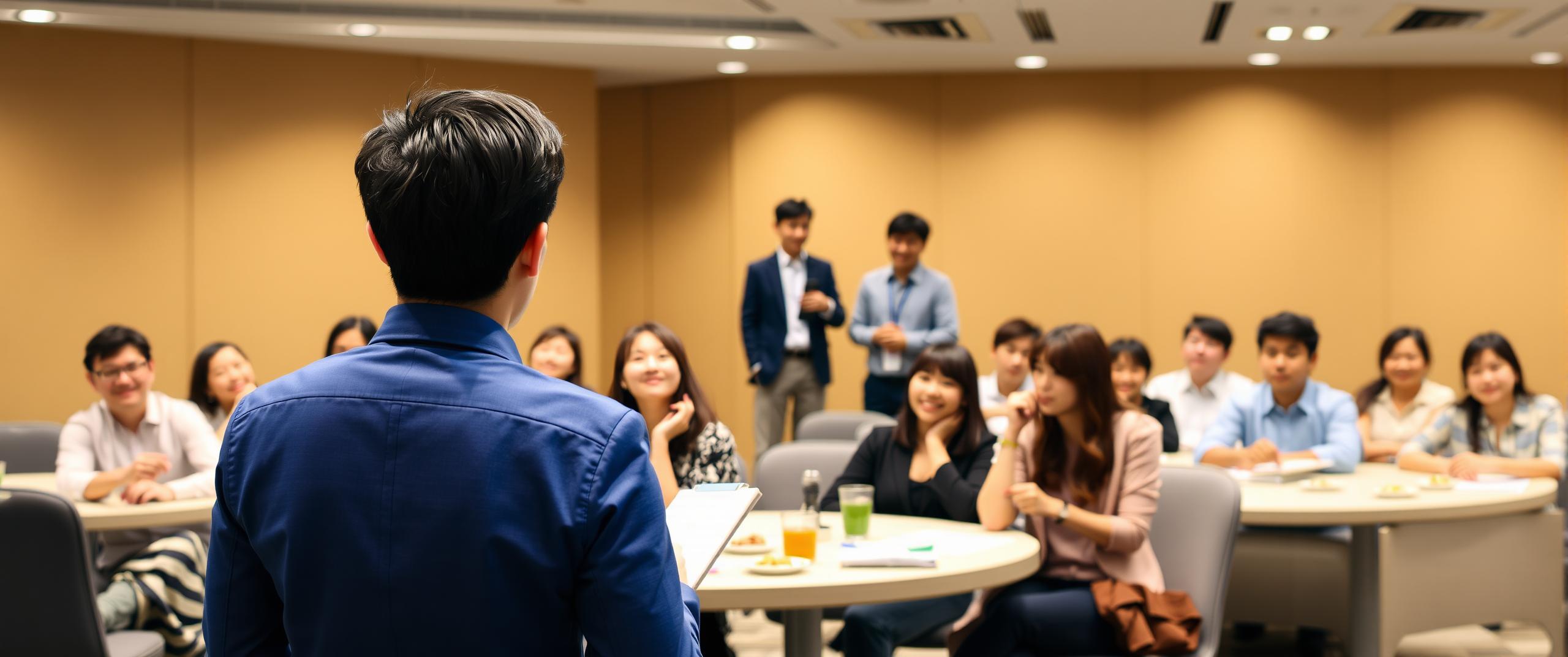 A young Korean male speaker seen from behind, wearing a fitted cobalt blue dress shirt and gray trousers, giving a presentation to a friendly, casually dressed Korean audience in a warmly lit modern conference room. Attendees are sitting at tables with small plates of Korean snacks, drinks, and notepads. The mood is relaxed and natural, with some people smiling or chatting. A few attendees are casually standing in the back. The image should be realistic and professional, with soft lighting and a natural color palette, captured from a medium distance behind the speaker.