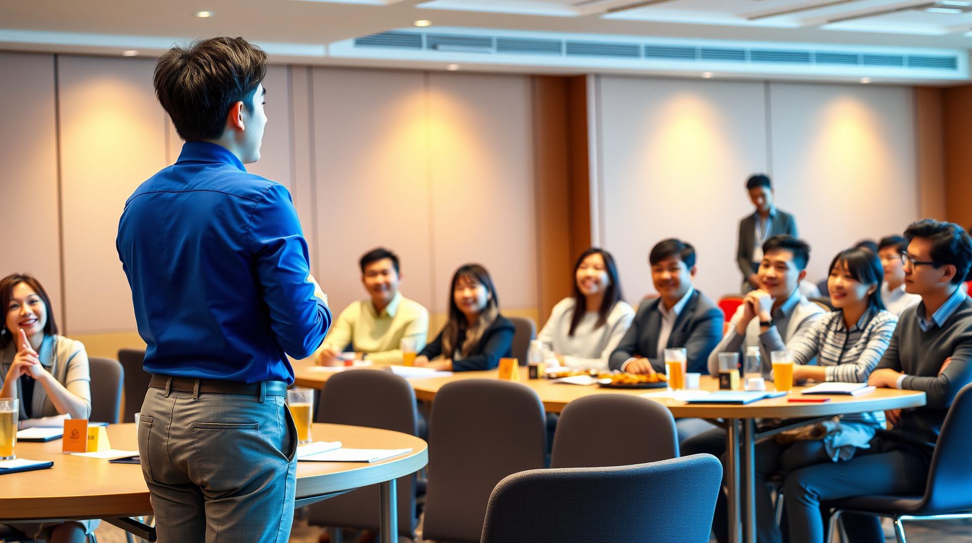 A medium-distance photo showing a young Korean male speaker seen from behind, wearing a fitted cobalt blue dress shirt and gray trousers, giving a talk to a relaxed and casually dressed group of Korean attendees in a warm, well-lit conference room. The audience, also Korean, is seated at tables with light snacks, Korean-style refreshments, and notebooks. Some people are smiling, chatting, or taking notes. A few individuals are casually standing in the back. The environment is friendly and natural, not stiff or overly formal. The lighting is soft and realistic, and the image has a professional, candid feel.