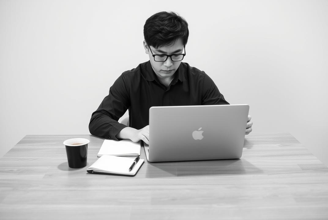 "A monochrome scene of a Korean man working alone at a tidy wooden desk. He wears a collared shirt and black-rimmed glasses, deeply focused on his open laptop. A notebook, pen, and a cup of coffee sit nearby. The background is a soft, single-tone gradient, creating a calm and minimalistic setting. Gentle side lighting casts subtle shadows, emphasizing warmth and trust. The black-and-white palette enhances the mood of quiet concentration and sincerity."