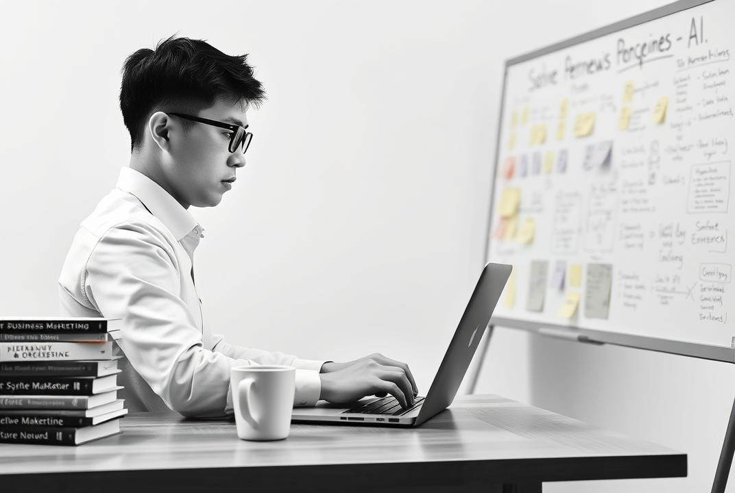 A monochrome side-angle shot of a Korean man working alone at a wooden desk, viewed slightly from behind. He wears a neatly pressed shirt and black-rimmed glasses, with a sharp jawline visible as he types intently on a lit-up laptop. To his left, a stack of books on business, marketing, and AI sits next to a coffee cup. On the right side of the frame, a realistic whiteboard filled with color-coded sticky notes, schedules, and handwritten plans suggests a solo entrepreneur’s active workflow. The single-tone background remains soft and minimal, while the lighting emphasizes warmth, dedication, and authenticity.