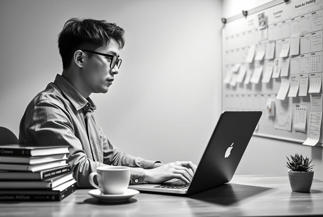 A monochrome side-angle shot of a Korean male solo entrepreneur working alone in his home office. He is seated at a wooden desk, wearing a collared shirt and black-rimmed glasses, with a sharp jawline visible as he faces the upper right of the frame, focused on typing on a lit-up laptop. To his left are neatly stacked books on business, marketing, and AI beside a steaming cup of coffee. On the right side of the image, a wall-mounted board filled with realistic sticky notes, calendars, and hand-drawn planning charts represents an active workspace. The room has a soft, single-tone background with natural side lighting, evoking warmth, concentration, and credibility.
