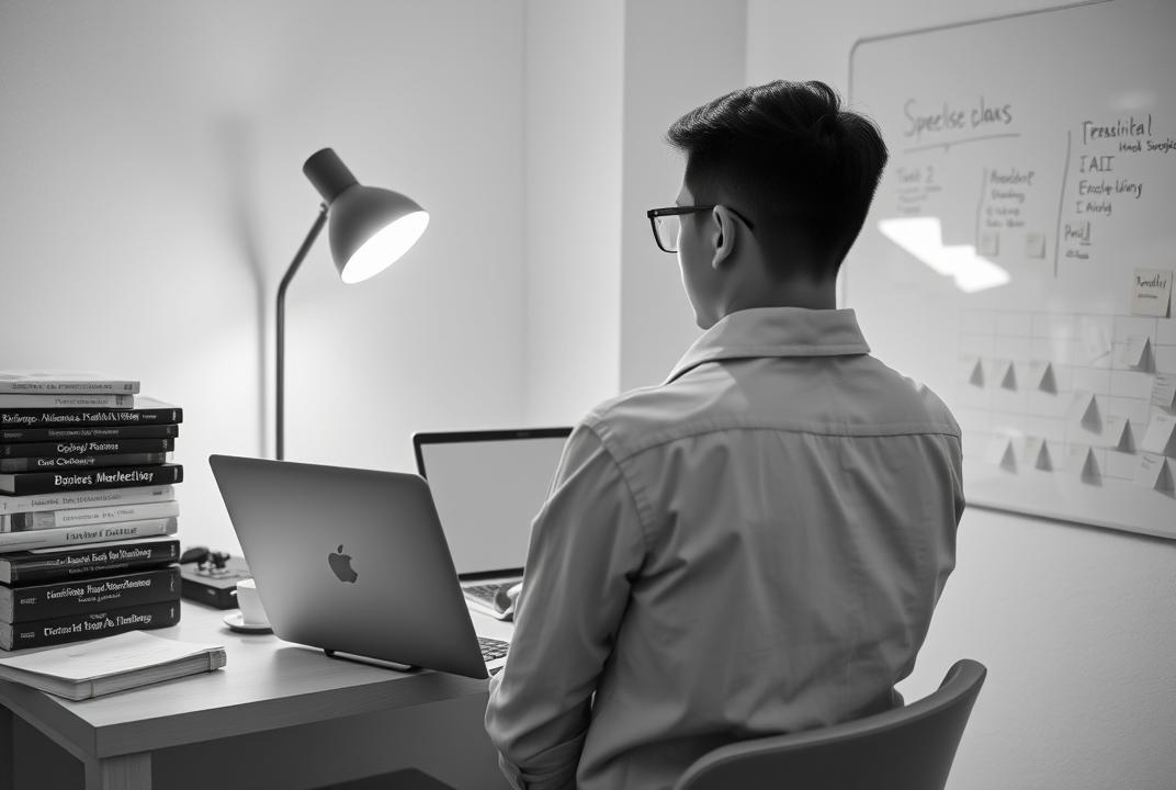 A monochrome indoor scene of a Korean male solo entrepreneur in his home workspace, viewed from behind at a slight angle. He is seated at a compact desk in a small, well-organized room, wearing a collared shirt and black-rimmed glasses. His sharp jawline is subtly visible as he faces toward the top-right of the frame, focused on opening or typing on his laptop, which is placed on a raised stand under a warm desk lamp. On the left side of the desk, there’s a neat stack of books about business, marketing, and AI, alongside a cup of coffee. On the right wall, a whiteboard is filled with realistic schedules, handwritten plans, and color-coded sticky notes. The entire image is rendered in soft grayscale, evoking warmth, trust, and focused solitude.