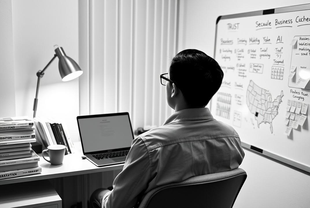 A monochrome indoor scene of a Korean male solo entrepreneur in his home workspace, viewed from behind at a slight angle. He is seated at a compact desk in a small, well-organized room, wearing a collared shirt and black-rimmed glasses. His sharp jawline is subtly visible as he faces toward the top-right of the frame, focused on opening or typing on his laptop, which is placed on a raised stand under a warm desk lamp. On the left side of the desk, there’s a neat stack of books about business, marketing, and AI, alongside a cup of coffee. On the right wall, a whiteboard is filled with realistic schedules, handwritten plans, and color-coded sticky notes. The entire image is rendered in soft grayscale, evoking warmth, trust, and focused solitude.