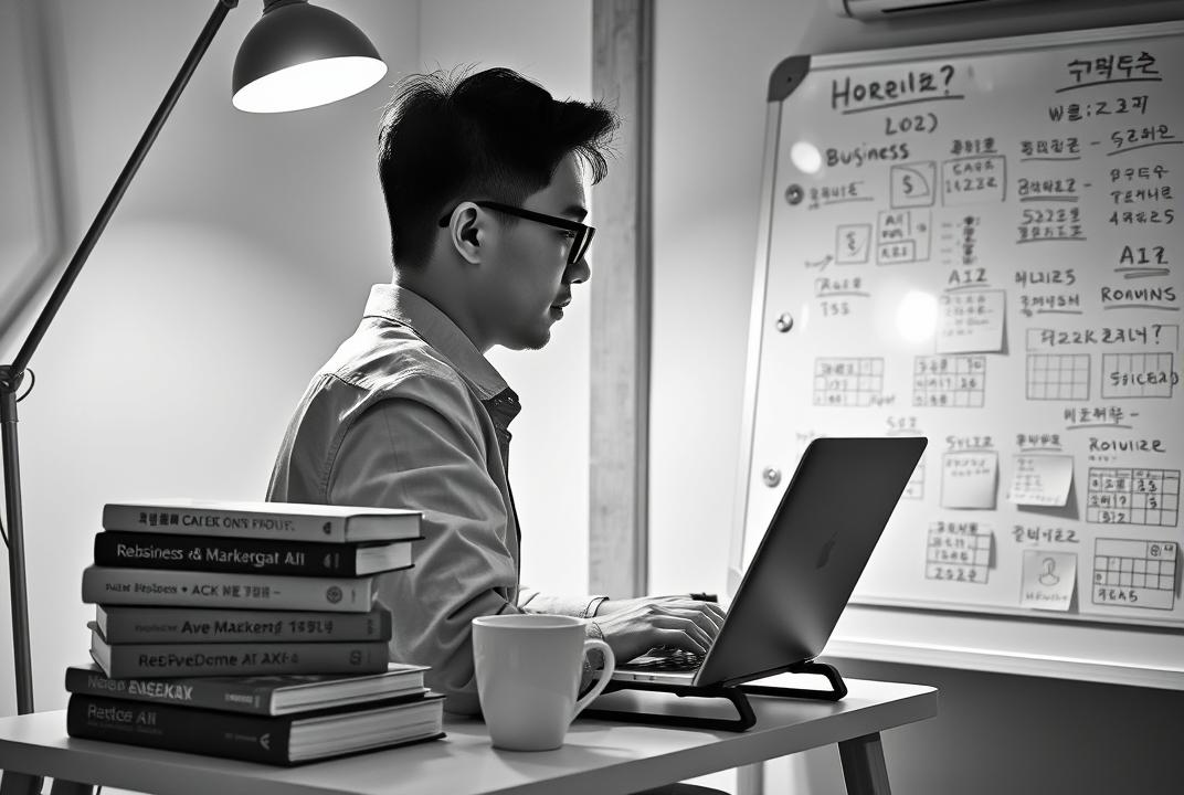 A monochrome indoor scene of a Korean male solo entrepreneur working in his small home office, viewed from behind at a slight angle. He is seated at a compact desk under a warm desk lamp, wearing a collared shirt and black-rimmed glasses. His sharp jawline is visible as he faces the upper-right, focused on typing on a laptop placed on a raised stand. On the desk, a cup of coffee sits next to a neatly stacked pile of Korean-language books with titles related to business, marketing, and AI, such as '브랜드 만들기', '마케팅의 정석', and 'AI 시대의 전략'. To the right, a whiteboard is filled with sticky notes, handwritten charts, and weekly schedules written in Korean, reinforcing the authentic environment of a Korean-speaking entrepreneur. The entire scene is in soft grayscale tones, evoking warmth, concentration, and credibility.