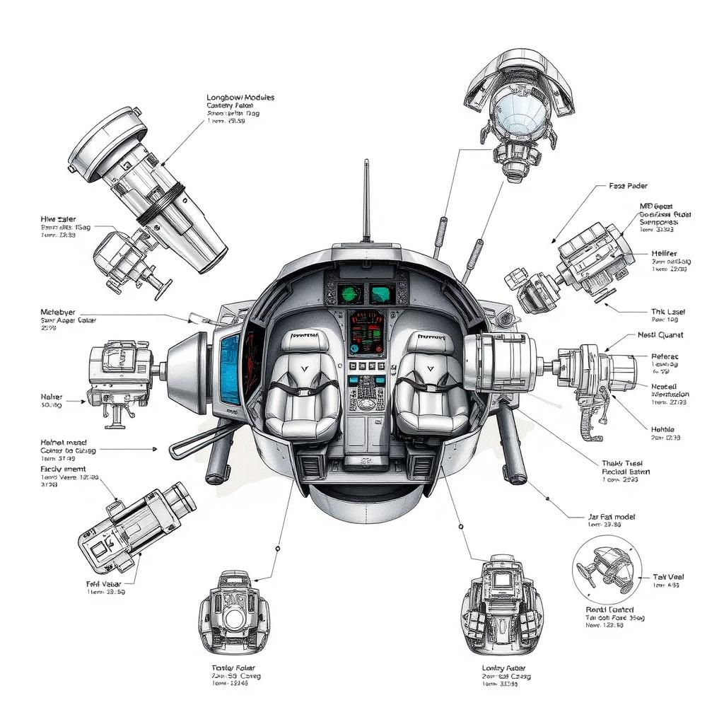 a technical concept sketch of the Boeing AH-64D Apache Longbow attack helicopter cockpit, large-angle perspective, dramatic aerial cutaway view. Central 3D-rendered cockpit is placed on a clean white background, showing dual-seat configuration with pilot and gunner controls, MFD displays, targeting systems, cyclic/collective sticks, and helmet HUD interfaces. Surrounding the cockpit are exploded views of Longbow radar module, Hellfire missile trigger interface, armament control panels, throttle quadrant, ejection harness, and night vision modules each annotated with multilingual labels and precise dimensions in millimeters. Ink-line sketch style with soft watercolor overlays, resembling architectural technical drawings. --ar 3:4 --raw
