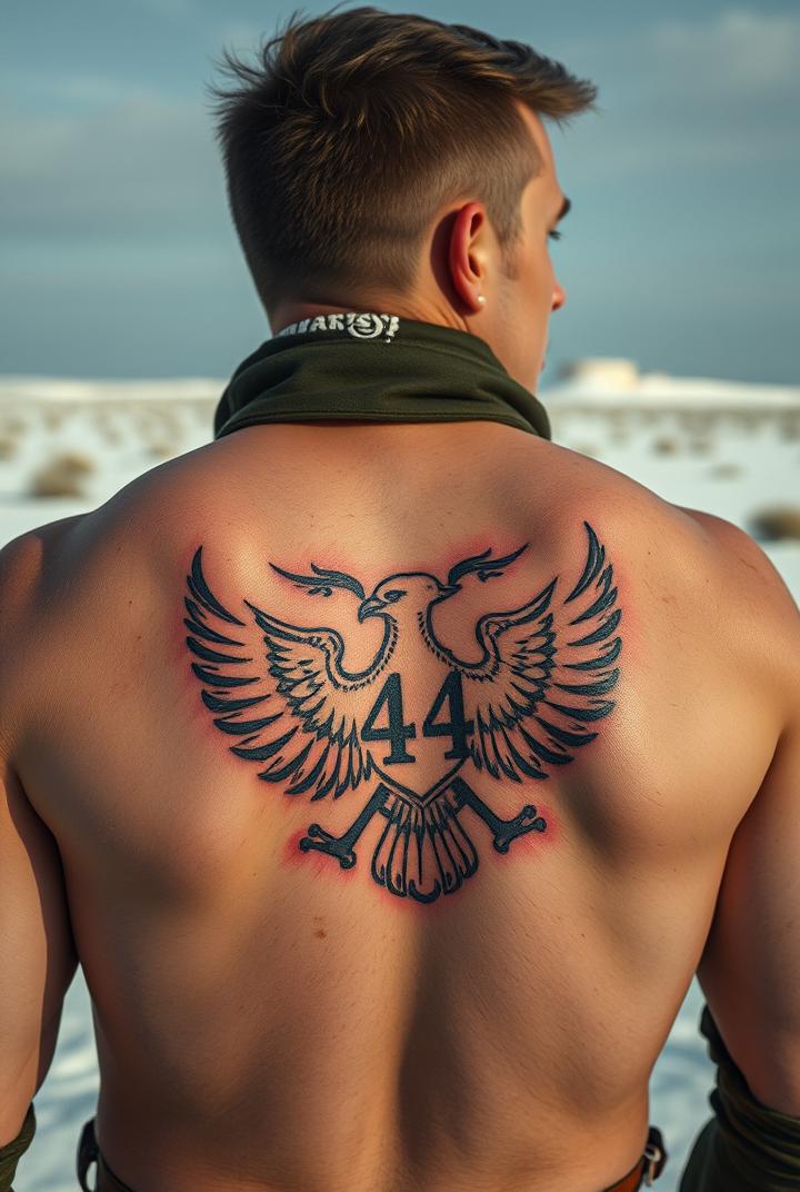 a young sovietic man with a back tattoo of a bird shield that says "44" in the middle. cold picture. realistic. desert. snow. 