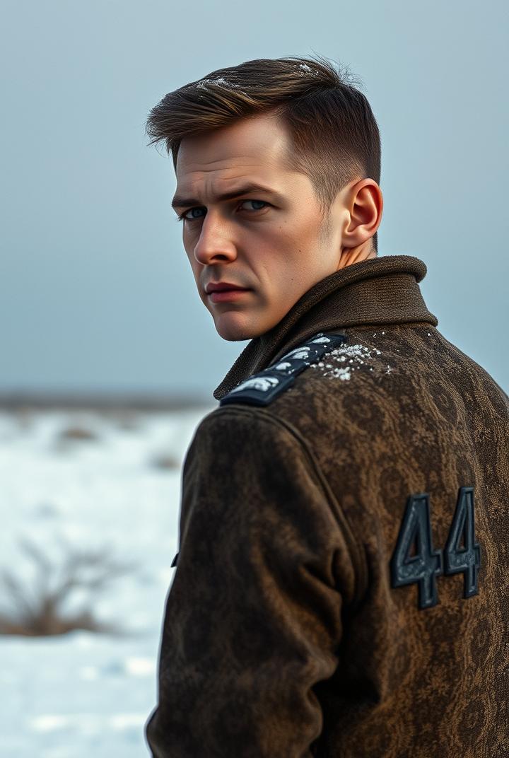 a young sovietic man with grey face and a baroque jacket that says "44" in the back. cold picture. realistic. desert. snow.