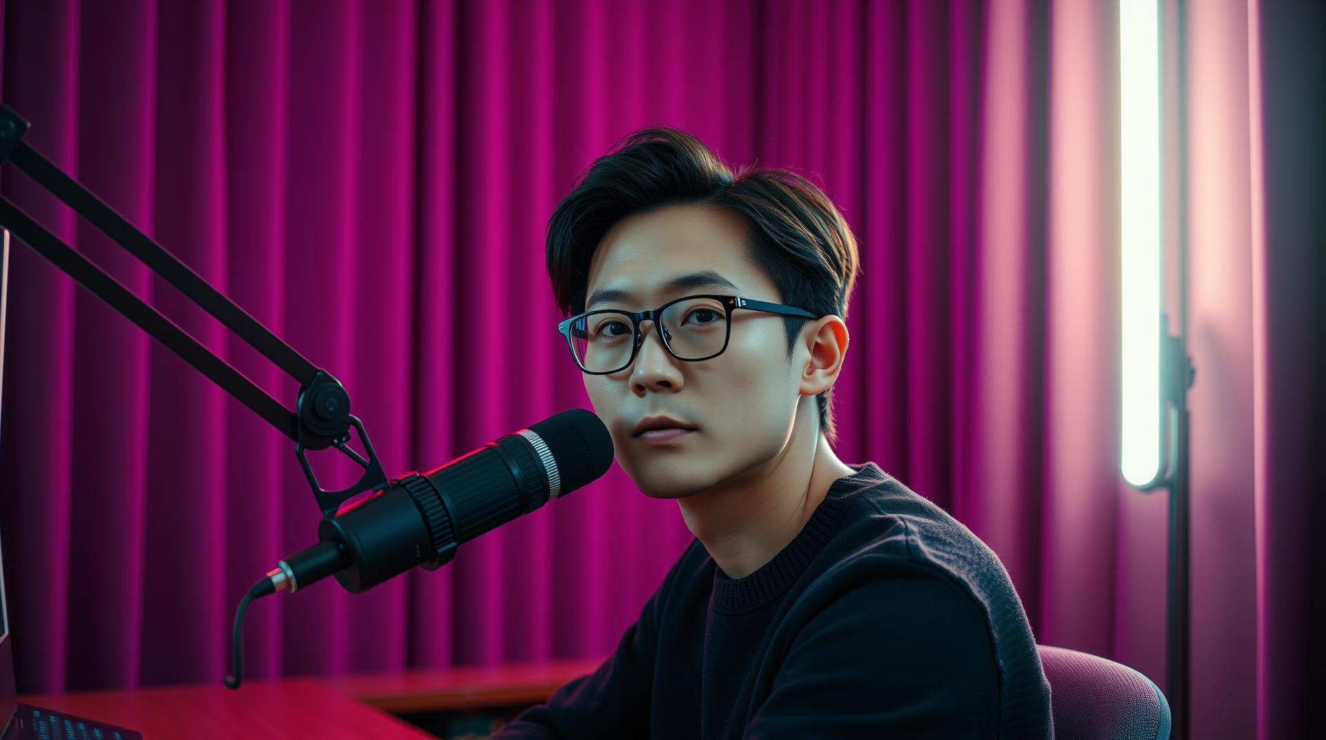Ultra‑realistic cinematic photo of a Korean male podcaster seated at a studio desk, rich violet–magenta ambient lighting filling the sound‑treated room, vertical neon tube light glowing softly behind him.
Subject: late‑20s to early‑30s, clean sharp jawline, smooth skin, intelligent gaze. Facial structure and glasses reminiscent of the second reference image but rendered with crisper detail (high‑frequency skin texture, subtle pores, natural oil sheen).
Hair: medium‑length dark brown with cool undertones, side‑parted and swept back in gentle waves exactly like the third reference image; slight volume at the crown, individual strands visible.
Wardrobe: simple fitted black or charcoal crew‑neck sweater (no hoodie), matching the cool studio vibe.
Props: professional broadcast microphone on boom arm in the foreground, pop filter, audio interface LEDs faintly glowing.
Camera & style: 35 mm lens equivalent, shallow depth of field (f/1.8), subject in sharp focus while background curtains softly blurred (bokeh). High‑contrast moody lighting—key light from softbox at 45°, subtle rim light outlining hair.
Color grading: cinematic teal and magenta split‑tone, preserved natural skin tones.
Resolution: 8 K, photoreal, no motion blur, no text. --ar 16:9 --v 5