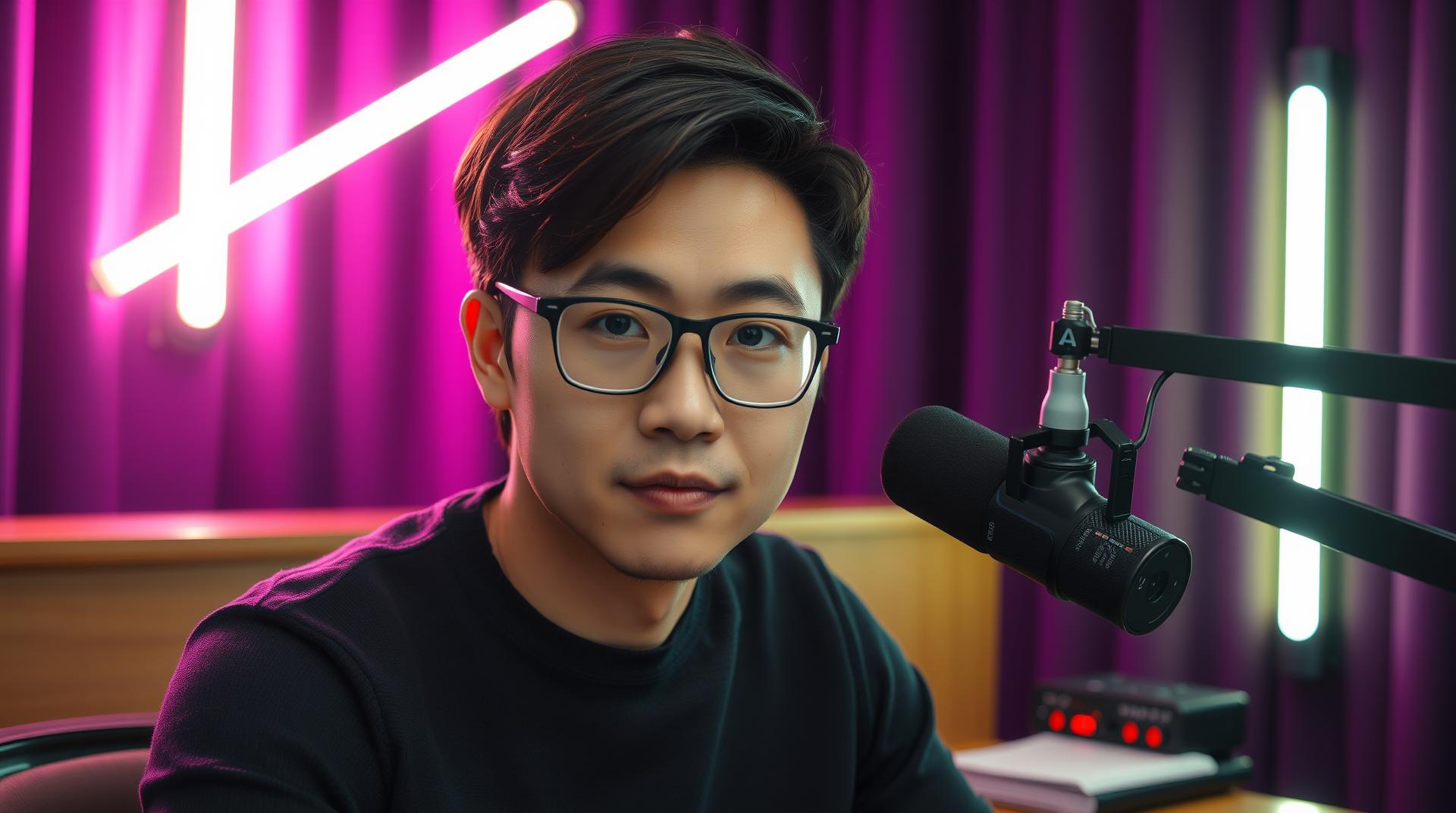 Foreground: Korean male podcaster, late‑20s~early‑30s, sharply defined jawline, smooth realistic skin, wearing thin black rectangular glasses, confident intelligent gaze directed straight into the camera.
Hair: medium‑length dark brown with cool undertone, side‑parted and swept back in gentle waves, subtle volume at the crown, individual strands visible.
Clothing: fitted charcoal or black crew‑neck sweater (no hood).
Mid‑ground (desk area): broadcast‑grade microphone on boom arm with pop filter positioned slightly to the right, small audio interface with faint LED indicators, wooden desk surface with papers subtly out of focus.
Background: acoustically treated dark curtains awash in rich violet–magenta ambient light; a single vertical neon tube light glowing softly behind the subject, adding depth and separation.
Lighting & mood: moody cinematic setup — softbox key light head‑on at eye level for even facial illumination; subtle rim light tracing hair and shoulders; high contrast yet natural skin tones.
Camera & technical style: shot on full‑frame camera, 35 mm lens, f/1.8, shallow depth of field; face tack‑sharp, background rendered with smooth bokeh.
Color grading: teal‑and‑magenta split‑tone overall while preserving realistic skin color; no text in frame.
Output: photorealistic, ultra‑high resolution, 16:9 aspect ratio.