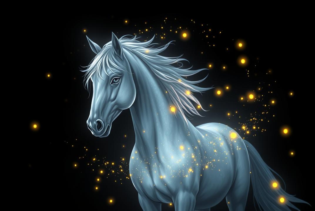 Isolated the black background anime A mystical light gray horse encircled by fireflies, glowing against a dark background. Anime
