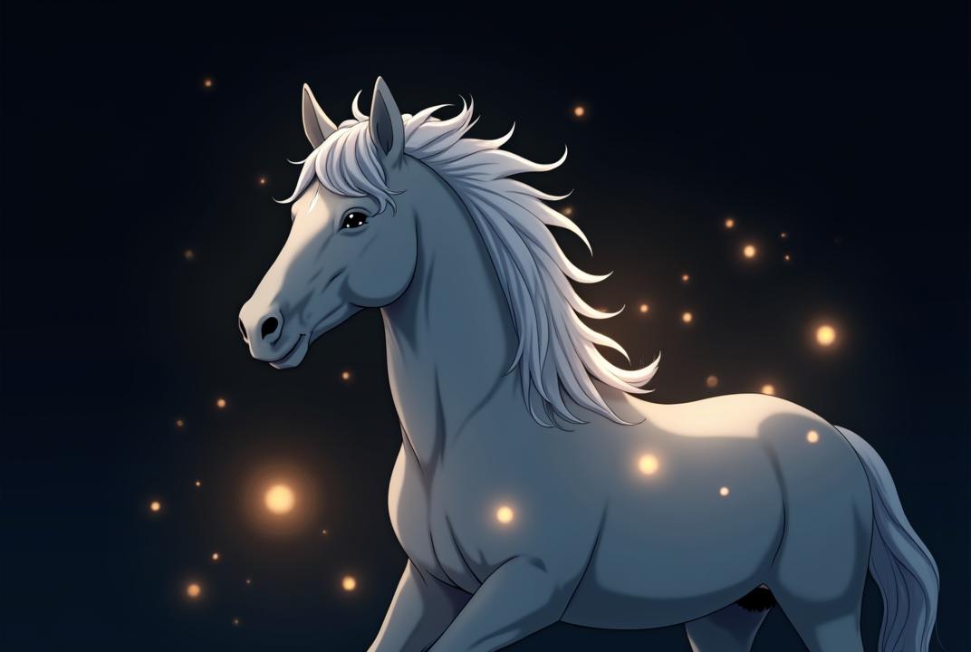 Isolated the black background anime A mystical light gray horse encircled by fireflies, glowing against a dark background. Anime