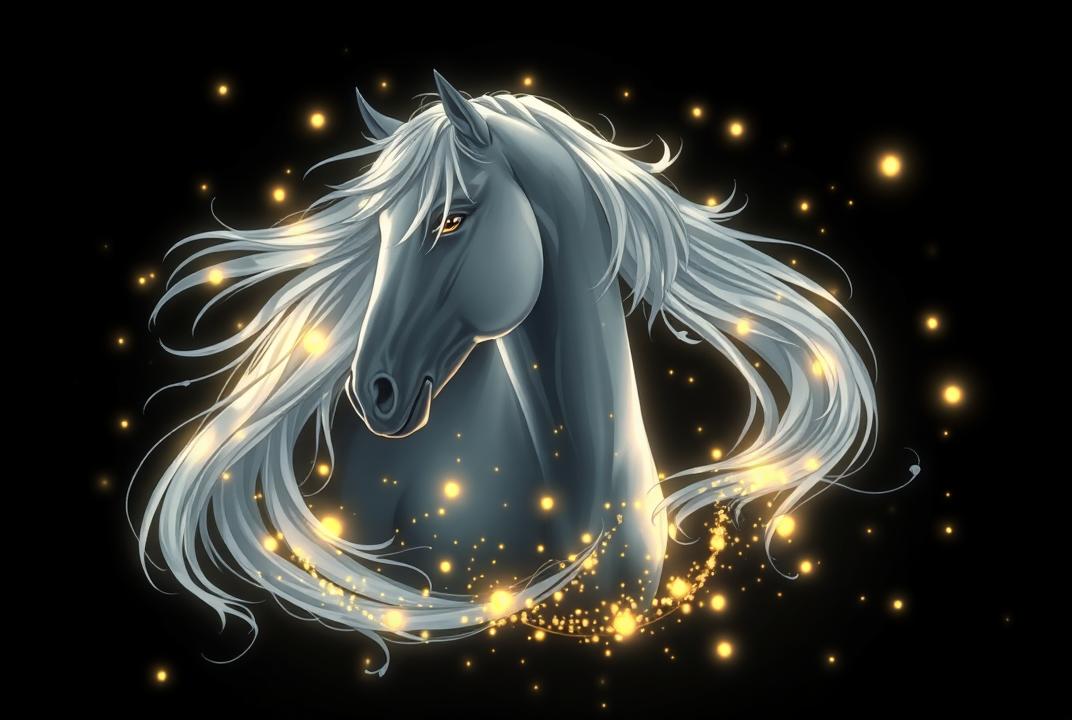 Isolated the black background anime A mystical light gray horse encircled by fireflies, glowing against a dark background. Anime