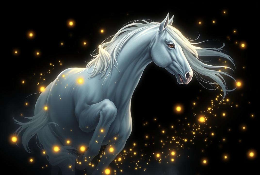 Isolated the black background anime A mystical light gray horse encircled by fireflies, glowing against a dark background. Anime