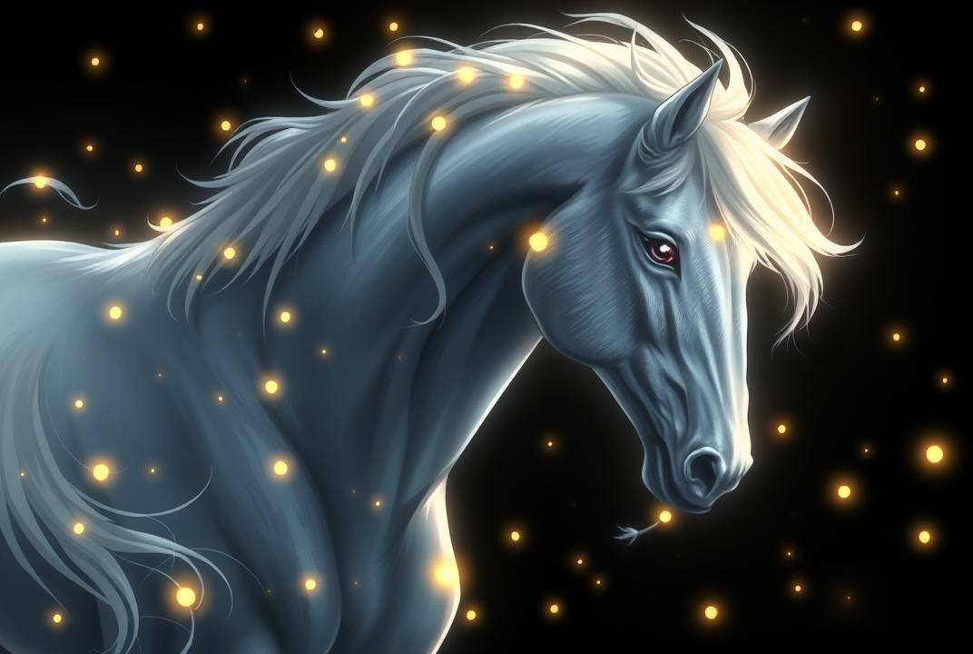 Isolated the black background anime A mystical light gray horse encircled by fireflies, glowing against a dark background. Anime