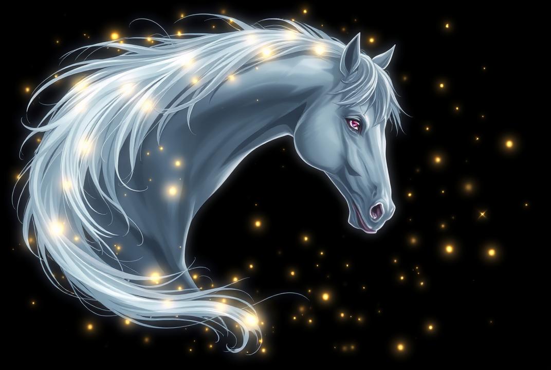 Isolated the black background anime A mystical light gray horse encircled by fireflies, glowing against a dark background. Anime