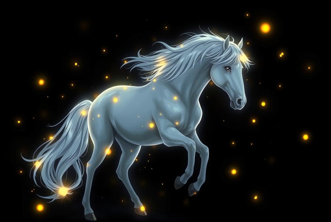 Isolated the black background anime A mystical light gray horse encircled by fireflies, glowing against a dark background. Anime