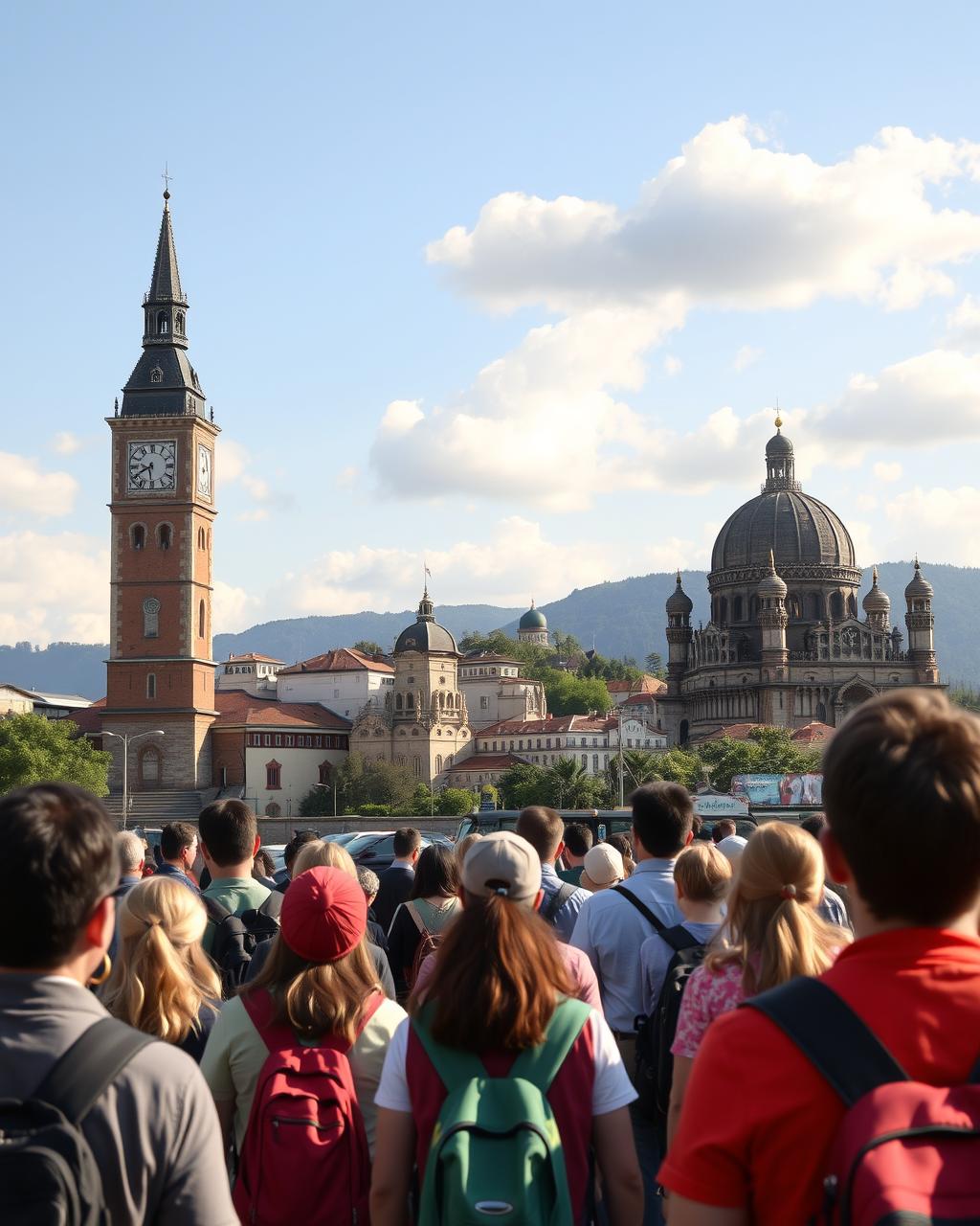 generate tourism related backgrund image taget audience are the tourists an guides so show people instead of landmarks, any style that can be underlied behind text so