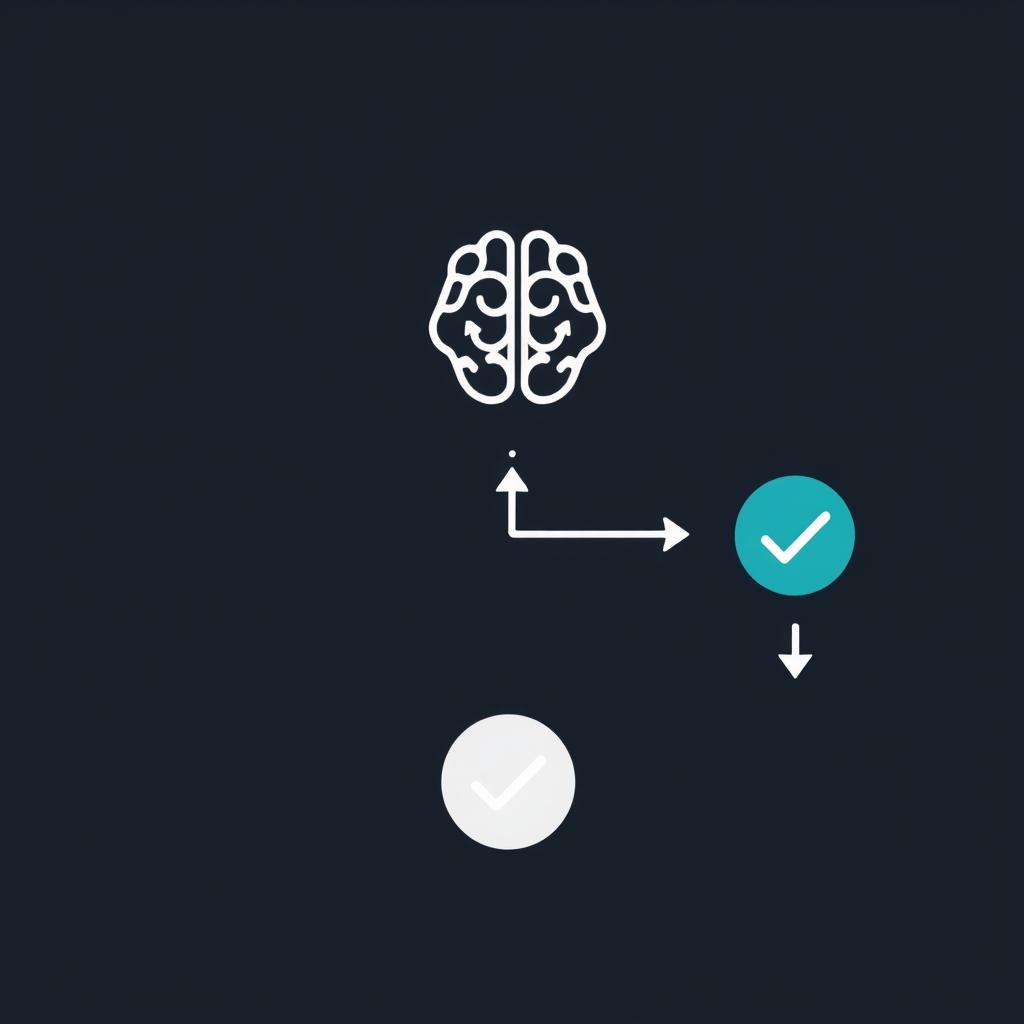 Minimalist flowchart illustration: business task arrow to AI brain icon arrow to checkmark