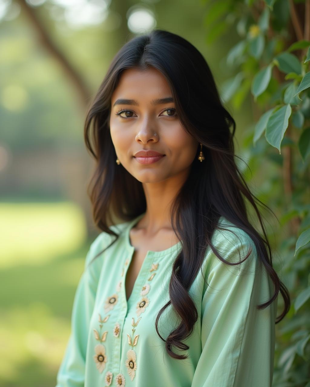 A young Indian stands outdoors in natural light, wearing a pastel green kurta with subtle embroidery. Her long, dark hair is parted neatly and flows over her shoulders. She has a calm and gentle expression, with minimal makeup that enhances her natural beauty. The background is softly blurred with greenery, creating a serene and peaceful atmosphere. The overall color tone is soft and warm, with a slightly cinematic and candid feel. The image exudes grace, simplicity, and elegance, perfect for a portrait or magazine editorial.