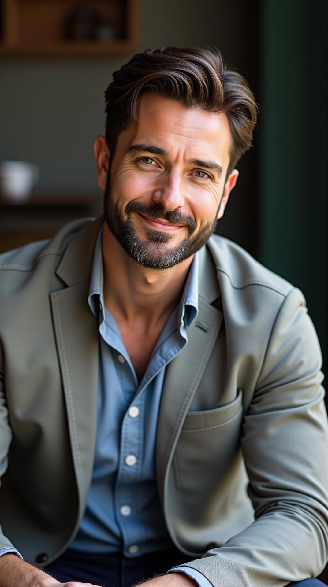 A realistic male profile photo, mid-30s to early 40s, confident and charismatic expression. The man is sitting or standing upright with squared shoulders, slight tilt of the chin upwards, strong eye contact with the camera. Clean, well-groomed beard and hair, wearing a fitted shirt or casual blazer. Natural lighting, neutral or slightly dramatic background (e.g., urban, minimal indoor setting). Realistic skin texture, no exaggerated features. Body language shows dominance, calm power, and masculine confidence. Professional, authentic, not over-posed.

