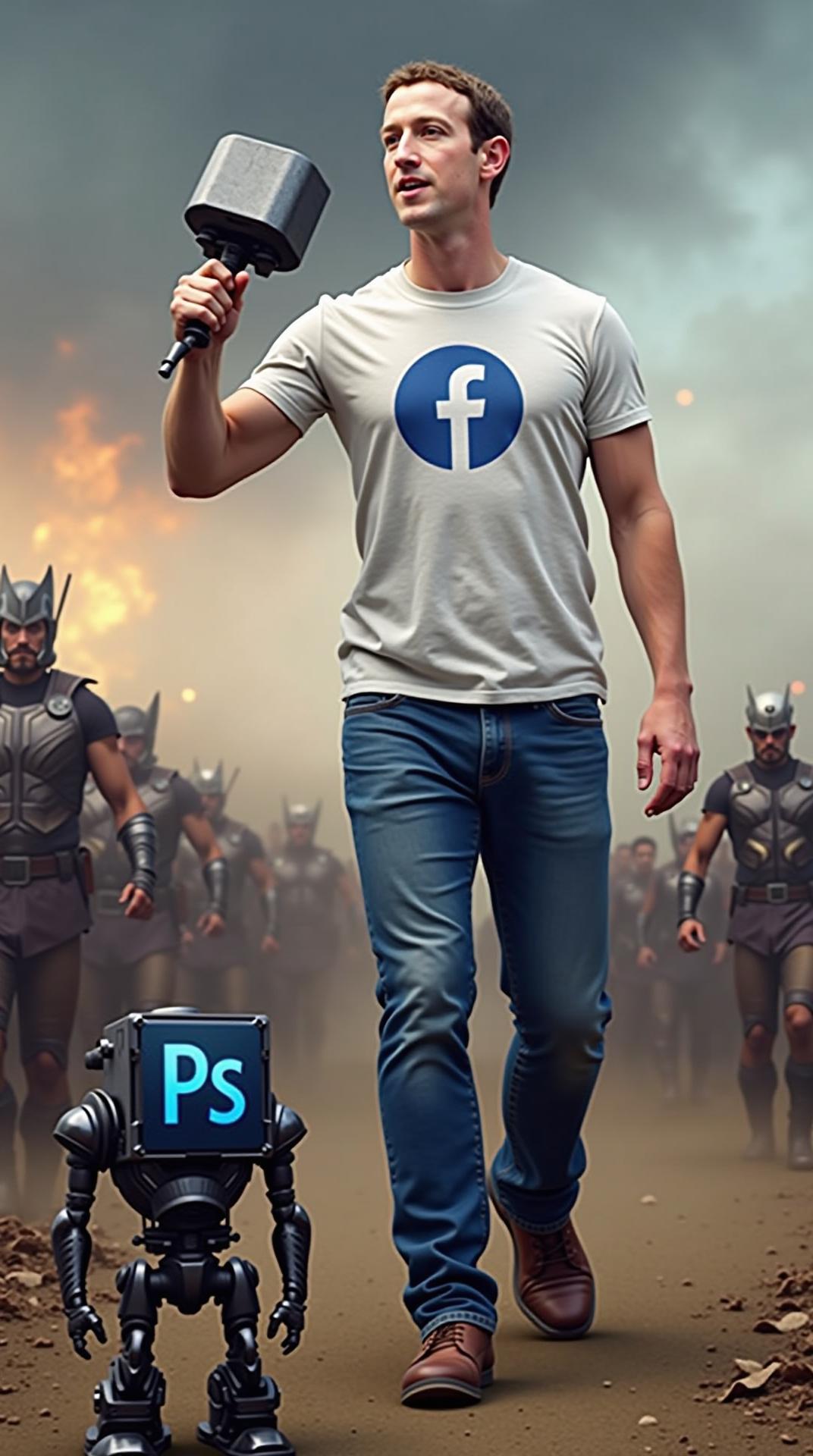 Mark Zuckerberg, dressed in a white t-shirt with a meta logo in the center of the tshirt and blue jeans, holding @Thor's hammer in his hand in a battlefield, with a mini robot in the foreground that has a big Photoshop logo as its head.