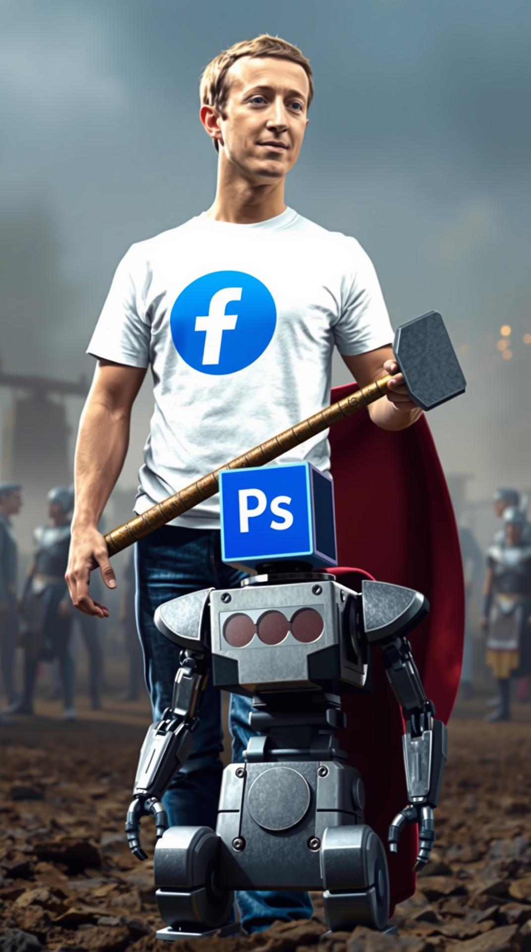 Mark Zuckerberg, dressed in a white t-shirt with a new meta logo in the center of the tshirt and blue jeans, holding @Thor's hammer in a battlefield, with a mini robot in the foreground that has a big Photoshop logo as its head.