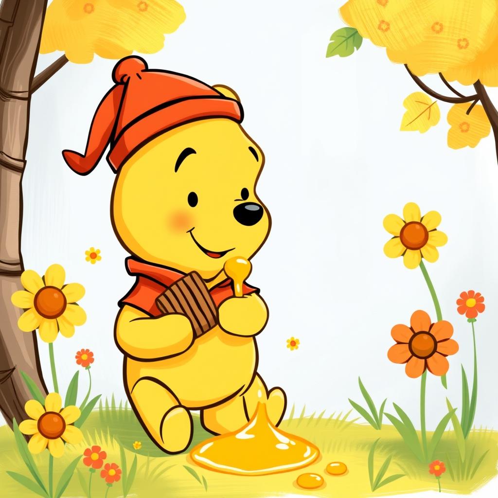 Create a Winnie the Pooh who eats honey and smiles