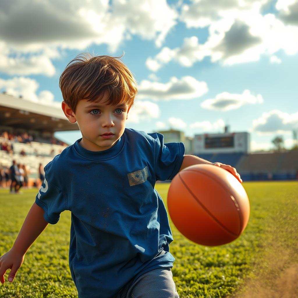 A young boy, with sun-streaked, brown hair, and bright, inquisitive eyes, skillfully maneuvers a vibrant orange football across a meticulously maintained,  green-turf field under a partially cloudy, cerulean sky.  Dust motes dance in the golden sunlight filtering through the clouds, illuminating the details of his grimy, but determined face. He wears a faded, royal blue, slightly oversized football jersey, with numbers subtly visible beneath the dirt streaks.  The texture of the leather football is smooth, contrasted with the rough, earth-toned grass beneath his feet.  The sound of his focused breathing and the soft swish of the approaching ball echoes across the hushed expanse of the field.  The background reveals spectators, silhouettes muted against the backdrop, and blurry images of the lively cheer of a football game, just audible in the gentle breeze