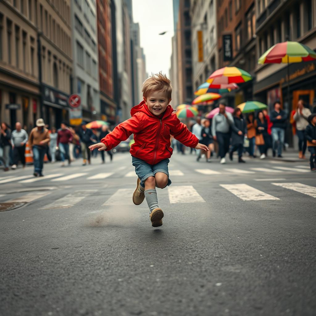 A young boy, with scraped knees and a mischievous grin, bursts across a bustling city street, his bright red jacket a vibrant splash against the gray concrete. He skips and weaves through pedestrians, their jaws dropping in surprised gasps. The street, a chaotic symphony of horns honking and the rumble of passing vehicles, momentarily stills as he darts past. Dust motes dance in the late afternoon sun, filtering through the grimy cityscape. A flurry of colorful umbrellas and hurried footsteps surrounds him. The boy's small figure, radiating a boundless energy, commands the immediate attention of every passerby, his eyes wide with joy as he races down the street under the overwhelming scrutiny of the crowds