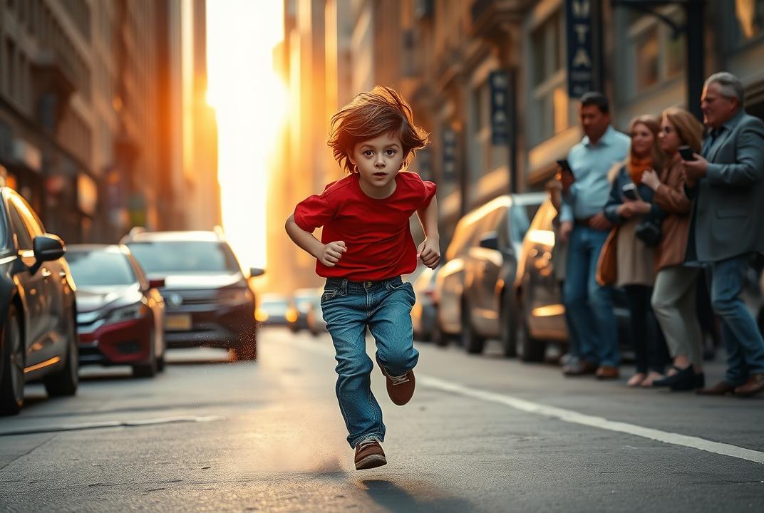 

A young boy, with windswept, dark hair and bright, determined eyes, sprints down a bustling city street.  He's clad in worn, but vibrant, blue jeans and a faded red t-shirt.  He propels himself forward with powerful strides, his movements fluid and graceful despite the sheer speed. Dust motes dance in the morning light, illuminating the pavement and gritty textures of the urban cityscape.  Cars honk in admiration; pedestrians pause, heads tilted, watching in awe.  Faces, etched with different expressions of wonder - a parent smiles softly, a business man raises an eyebrow in quiet amazement, an artist pauses mid-sketch, eyes fixed on the boy's flight.  The city, filled with the cacophony of urban life – distant sirens, the rhythmic rumble of buses, the distant whoosh of a subway train – momentarily falters, lending space to the silent appreciation for this boy's unparalleled athleticism.  Sunlight, golden and intense, bathes the scene in focused brilliance as he navigates the busy street, a tangible symbol of extraordinary potential amongst the ordinary.
