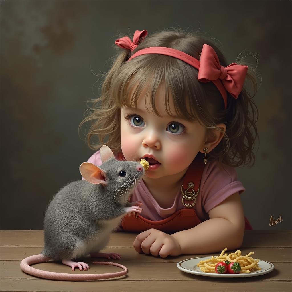 A girl eating mouse.