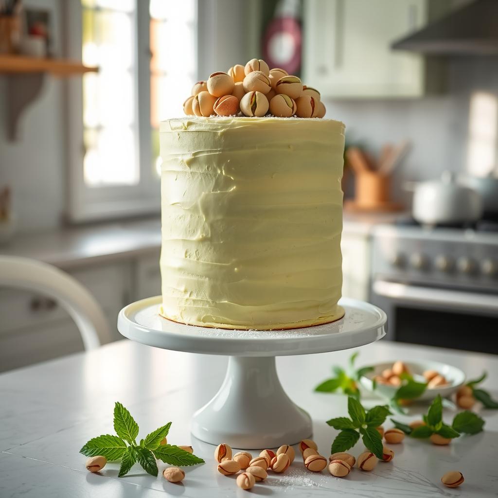 A tall, elegant pistachio cream cake on a white ceramic cake stand, featuring three layers of moist pistachio sponge with creamy pistachio frosting in between. The cake is garnished with whole pistachios on top and dusted lightly with powdered sugar. The setting is a bright, cozy kitchen or dining table with soft natural light, fresh mint leaves and scattered shelled pistachios nearby for decoration. The cake looks moist, luscious, and inviting with a smooth, silky texture.


