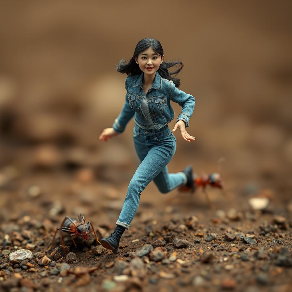 A microscopic korean woman wearing jeans running away from an ant