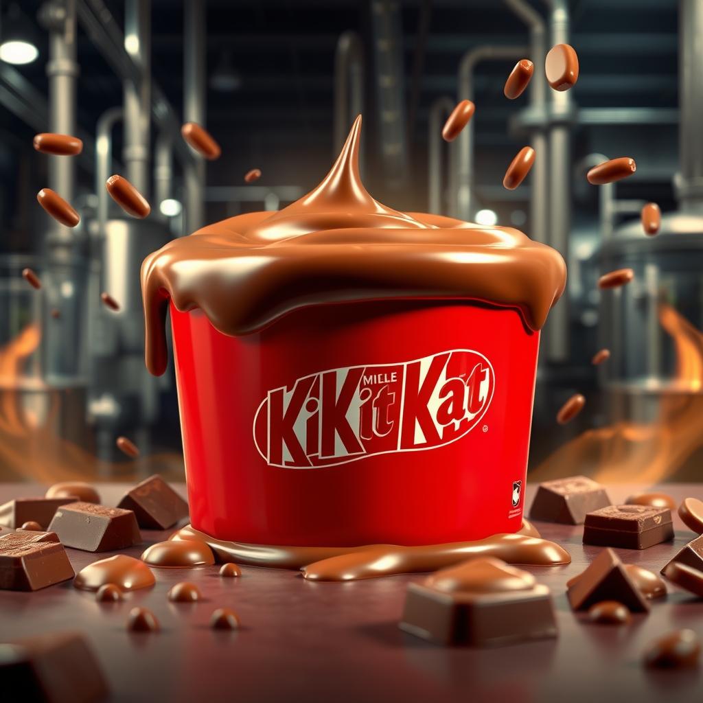 Créez une image publicitaire immersive et dynamique, où un pot de Mille Recettes chocolat de Said prend la place de la canette de KitKat. Le pot doit être imposant et réaliste, avec son étiquette rouge brillante et le logo Said bien visible. Le chocolat crémeux du pot doit déborder et couler lentement sur les bords, créant un effet visuel appétissant. La texture du chocolat doit être lisse et brillante, avec des détails réalistes montrant sa consistance onctueuse.

En arrière-plan, ajoutez une ambiance de fabrication du chocolat, avec une usine de chocolat industrielle, des tuyaux métalliques et des machines en train de produire du chocolat. Le fond doit inclure des réservoirs et des éclats de chocolat en train de fondre ou de s'écouler dans des cuves, créant une atmosphère riche et chaleureuse, comme un véritable atelier de fabrication du chocolat. L’éclairage doit être doux mais dramatique, avec des tons chauds dorés mettant en valeur la texture du chocolat et la brillance du pot.

Les éclats de chocolat doivent apparaître autour du pot, flottant dans l’air, avec quelques gouttes de chocolat se déposant sur le sol de l’usine. Utilisez un éclairage focalisé sur le pot de Mille Recettes, créant une brillance subtile et un contraste fort avec l’arrière-plan industriel. L’image doit dégager une atmosphère chaleureuse, gourmande et dynamique, avec des éléments de chocolat fondant, créant une scène appétissante et indulgente."

Cela créera une image publicitaire vibrante et immersive, mettant en valeur le pot de Mille Recettes dans un environnement inspiré de l’usine de chocolat, tout en capturant l'essence de l'indulgence et de la fabrication du chocolat.